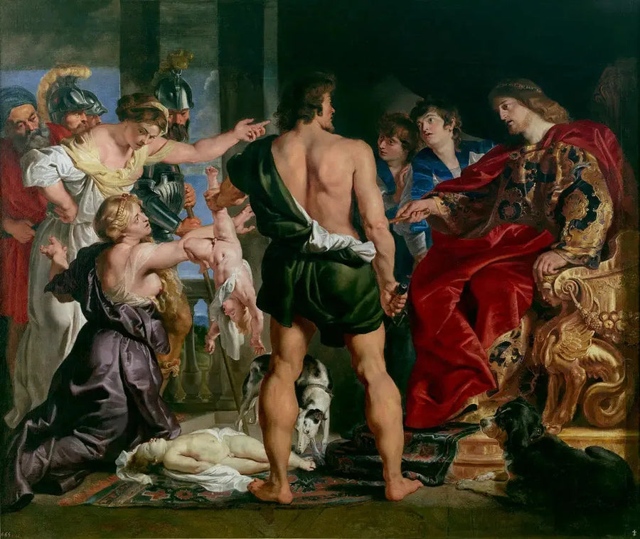 Salomonin tuomio : Salomon antaa tuomionsa ; hän käskee sotilasta jakamaan elävän lapsen kahtia ; todellinen äiti vastustaa Salomonin tuomiota (1 Kun 3:25-27) - Peter Paul Rubens