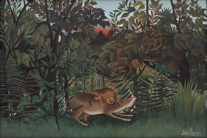 Leijona, ollessaan nälkäinen, hyökkää antiloopin kimppuun - Henri Rousseau