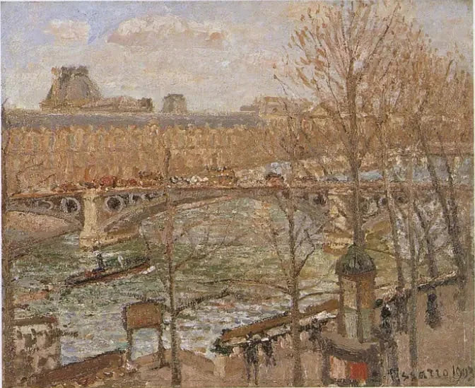Louvre ja Carrousel-silta, aurinko - Camille Pissarro