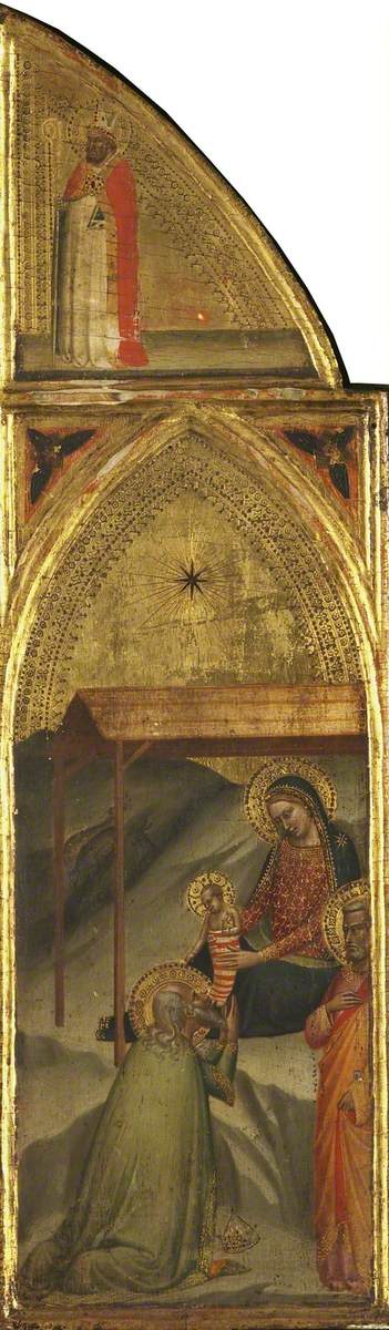 Taikuri, joka palvoo Jeesus-lasta ja piispaa (triptyykki, oikea siivu) (takapuoli) - Bernardo Daddi