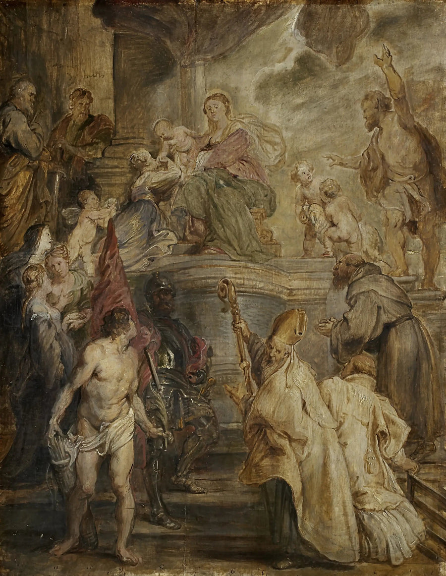 Pyhä Katariinan mystinen avioliitto (värikäs luonnos kirkon alttarille Augustin-veljien kirkossa Antwerpenissä), takakansi: Kaksi ratsastuskamppailua - Peter Paul Rubens