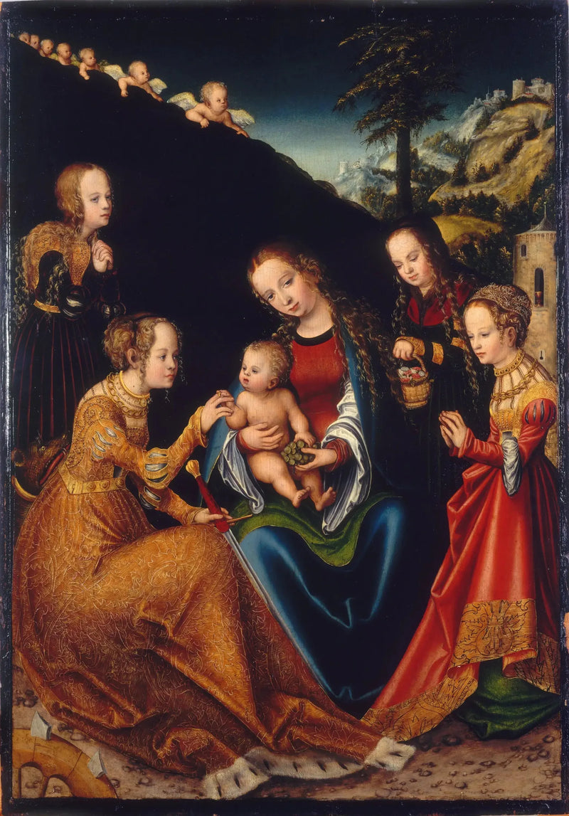 Pyhän Aleksandrian Catherine-nunnan mystinen avioliitto pyhien Dorothée, Marguerite ja Barbara kanssa - Lucas Cranach vanhempi