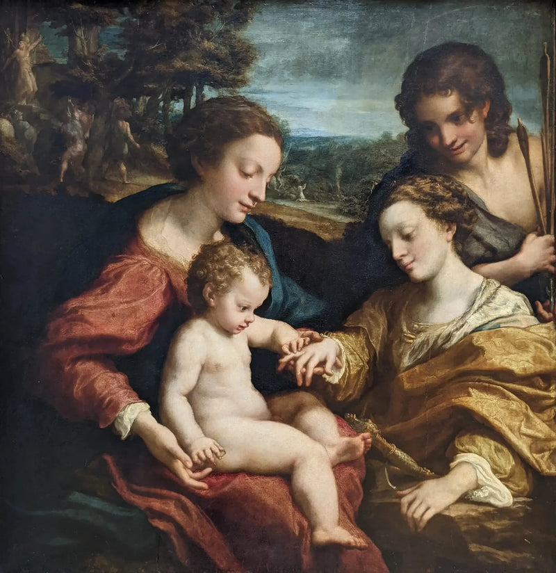 Pyhän Katariina Aleksandriankadun mystinen avioliitto läsnä olevien pyhien Sebastianin kanssa - Antonio da Correggio