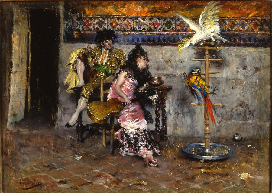 Matador tai pari espanjalaisessa puvussa, jossa on kaksi papukaijaa - Giovanni Boldini
