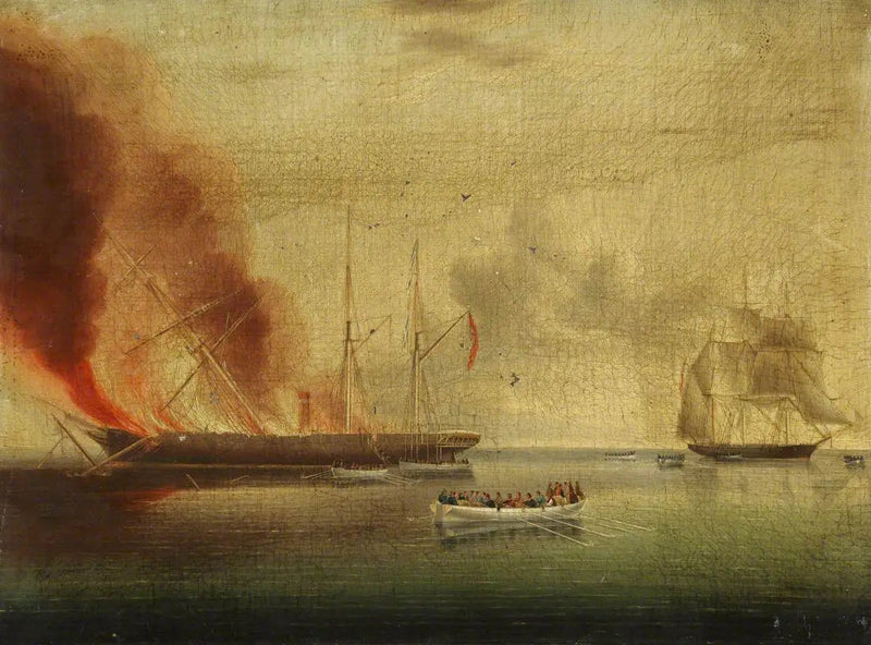 Höyrylaiva « Glasgow » tulessa Nantucketin lähistöllä 31. heinäkuuta 1865: matkustajat ja miehistö pelastettiin « Rosamund » -laivalla - James E. Buttersworth