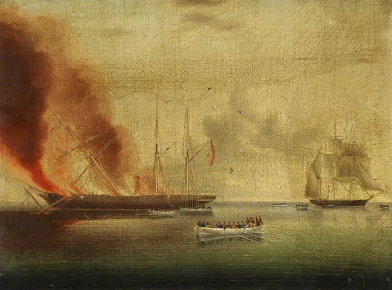 Höyrylaiva « Glasgow » tulessa Nantucketin lähistöllä 31. heinäkuuta 1865: matkustajat ja miehistö pelastettiin « Rosamund » -laivalla - James E. Buttersworth