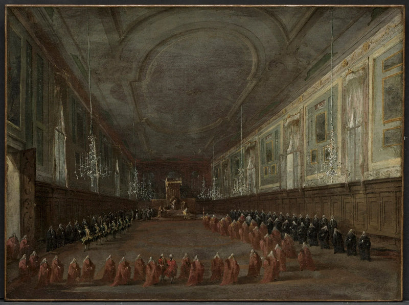Paavi Pius VI istuu valtaistuimellaan hyvästelyssä pyhimys Jean ja Paavali salissa, 1782 - Francesco Guardi