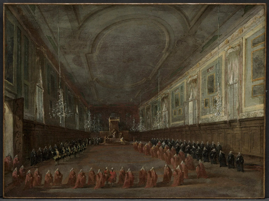 Paavi Pius VI istuu valtaistuimellaan hyvästelyssä pyhimys Jean ja Paavali salissa, 1782 - Francesco Guardi