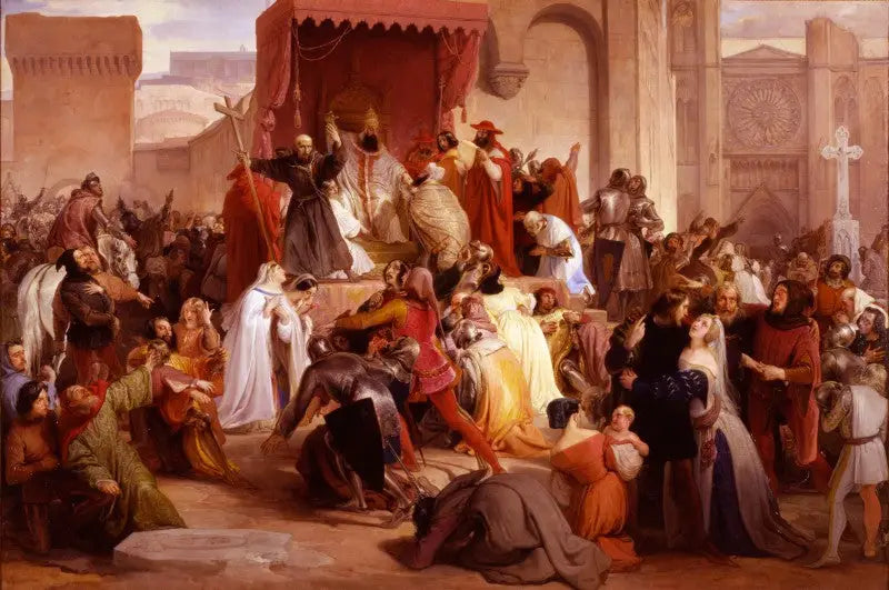 Paavi Urban II saarnaamassa ensimmäisestä ristiretkestä Clermontin aukiolla - Francesco Hayez