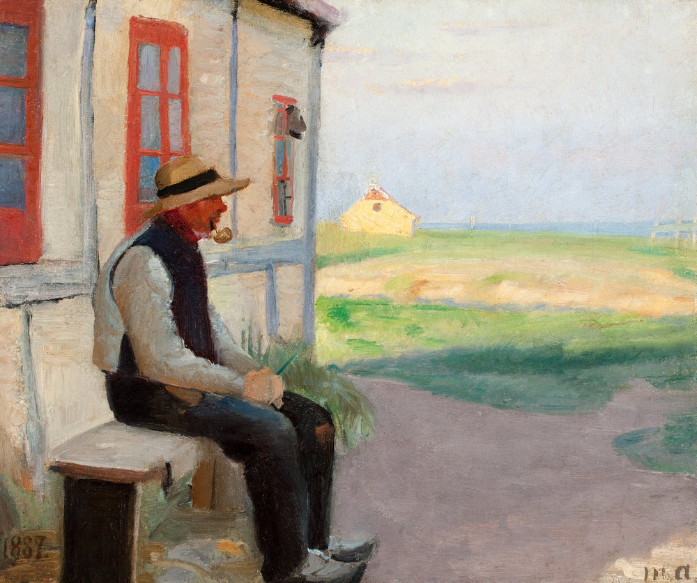 Le pêcheur Niels Gaihede devant sa maison à Skagen Østerby. - Michael Peter Ancher image 1 reproduction de peinture à l’huile