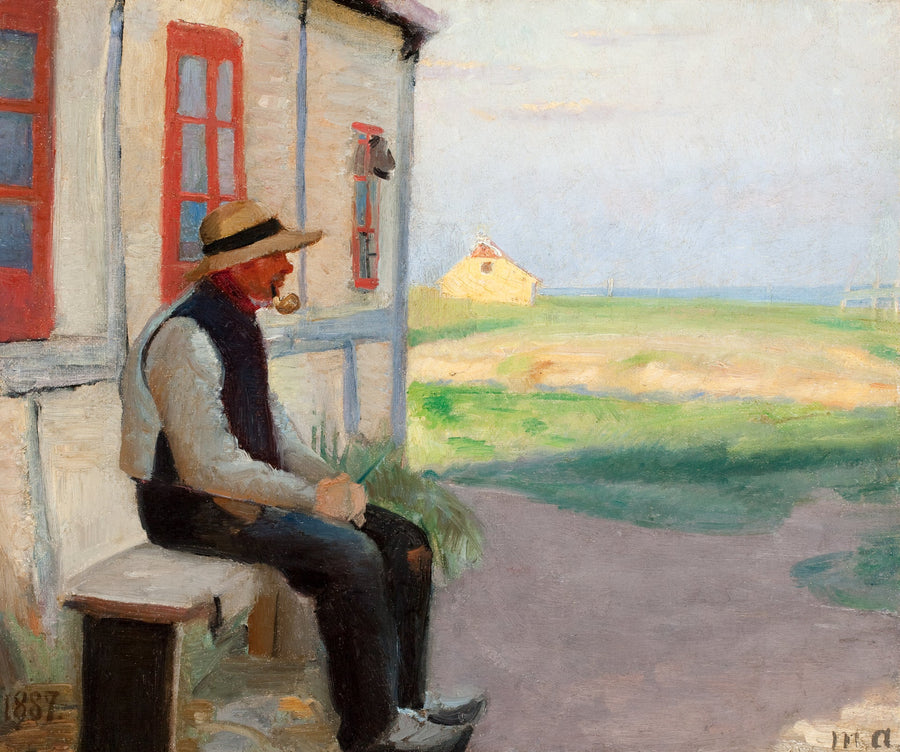 Kalastaja Niels Gaihede talonsa edessä Skagenissa sterbyssä. -Michael Peter Ancher