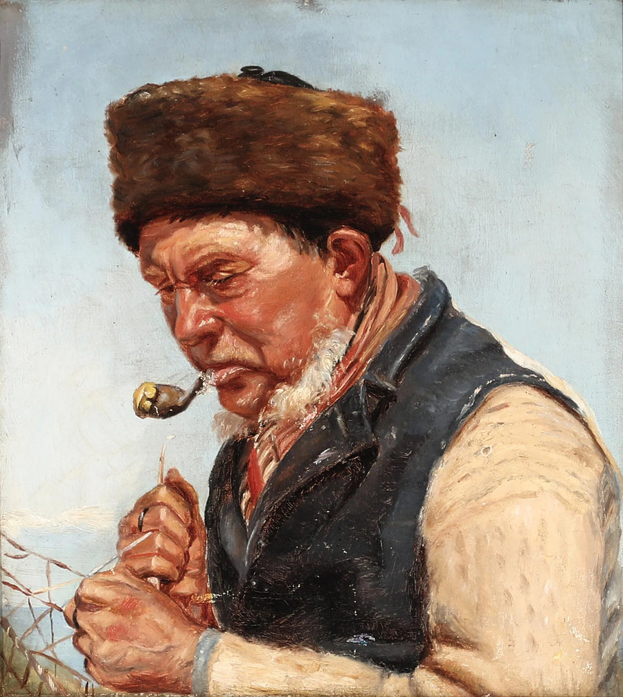 Kalastaja Niels Gaihede korjaa kalaverkkoa. -Michael Peter Ancher