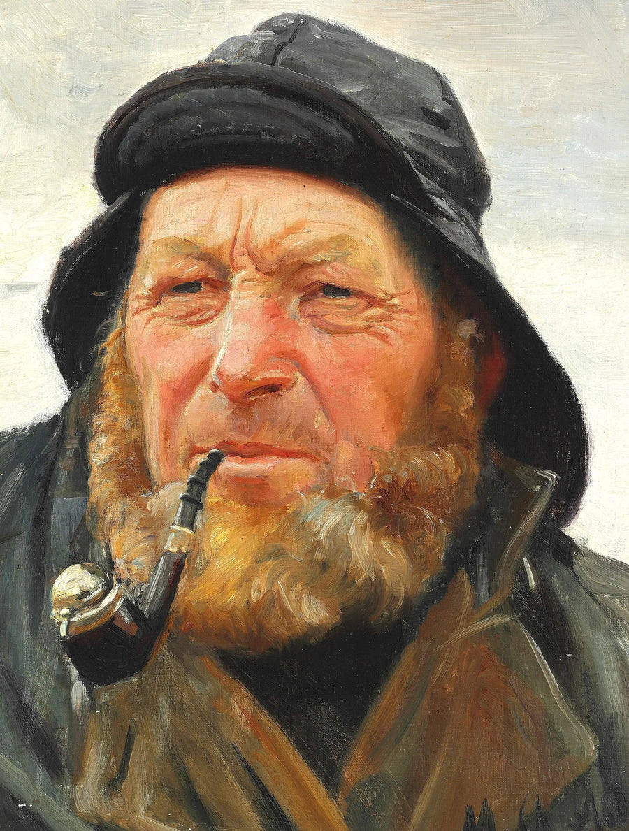 Kalastaja Ole Svendsen Skagenista, yllään öljynahka ja polttaa piippua. -Michael Peter Ancher