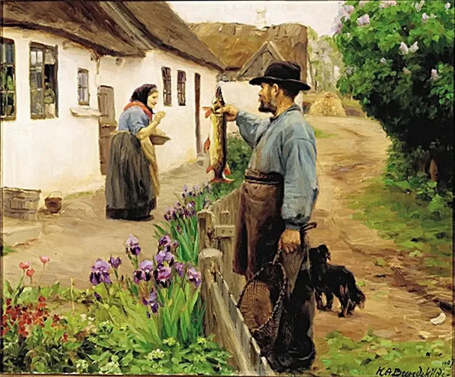 "Kalastaja". Kalastaja tarjoaa suuren tuoreen hauen vanhalle naiselle. - H. A. Brendekilde