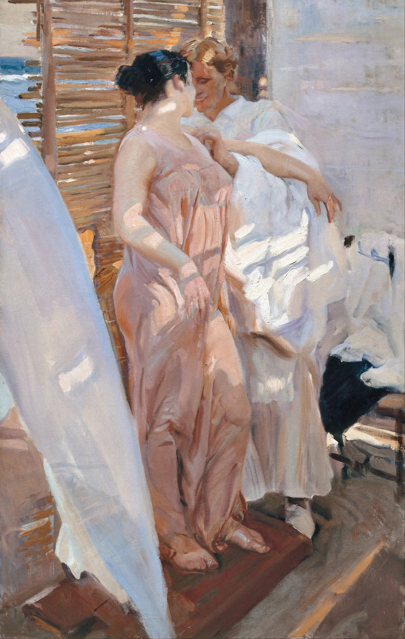 Vaaleanpunainen kylpytakki - Joaquín Sorolla