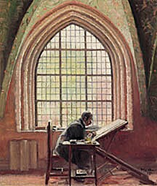 Taidemaalari Kongstad kirjoittaa uuden Grundlovin (perustuslain). -Michael Peter Ancher