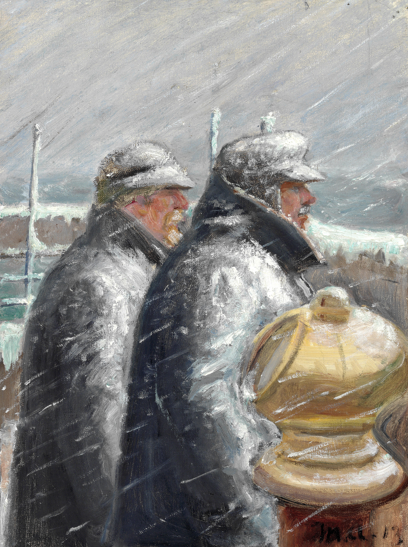 Lentäjä kannella lumimyrskyssä. -Michael Peter Ancher