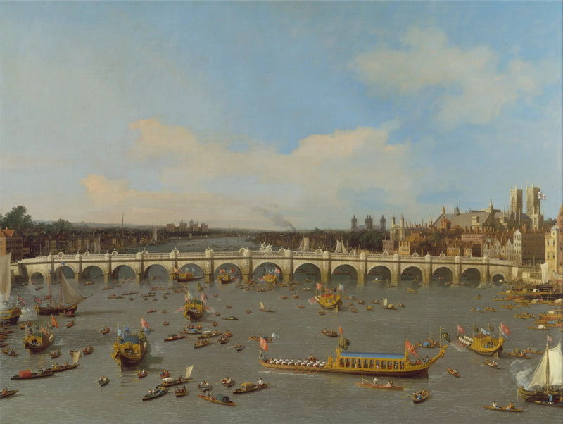 Westminsterin silta, jossa lordin pormestarin kulkue Thamesillä - Canaletto