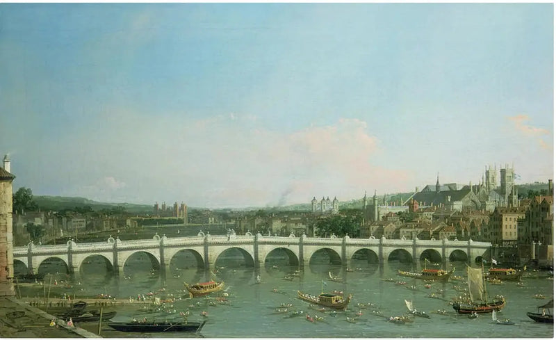 Westminsterin silta pohjoisesta katsottuna Lordin pormestarin kulkueen kanssa - Canaletto