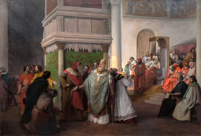 Papin Orlando de Parme lähetetty Arrigo IV:ltä Saksasta ja puolustettu Gregorius VII:stä Rooman synodin oikeudenmukaista vihaa vastaan - Francesco Hayez