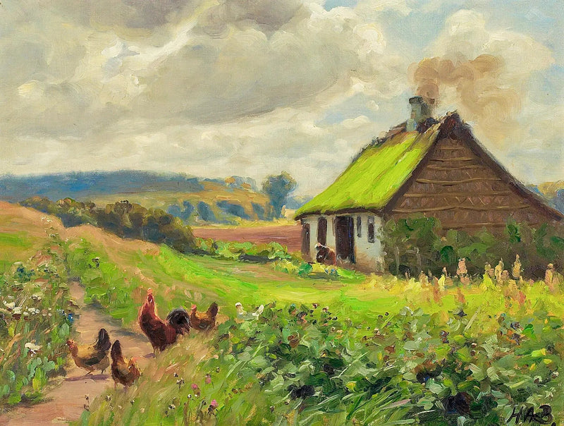 Kevät talon, naisen ja kanojen kanssa. - H. A. Brendekilde