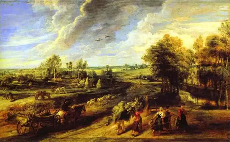 Pelloilta palaavien maanviljelijöiden paluu - Peter Paul Rubens