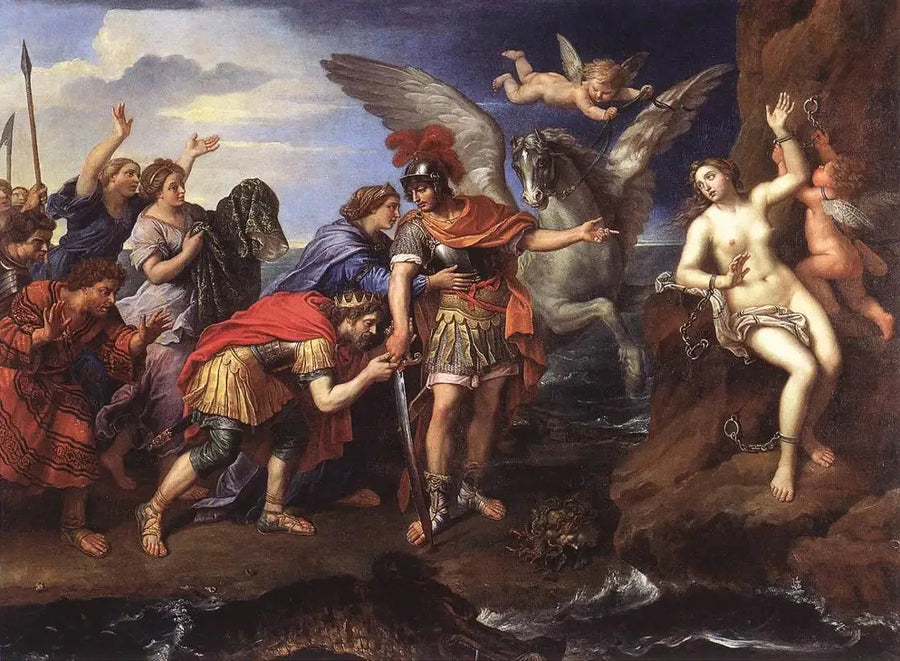 Kuningas Cepheus ja kuningatar Cassiopeia kiittäen Perseusta hänen pelastettuaan heidän tyttärensä Andromedan - Pierre Mignard