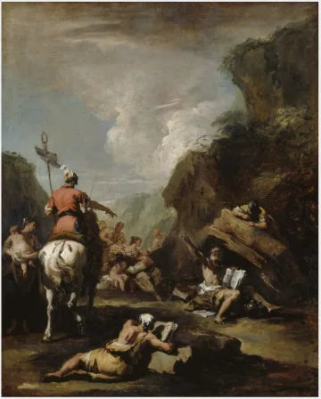 Syracusien kuningas Hiéron II pyytää Arkimedeestä vahvistamaan kaupunkia - Sebastiano Ricci