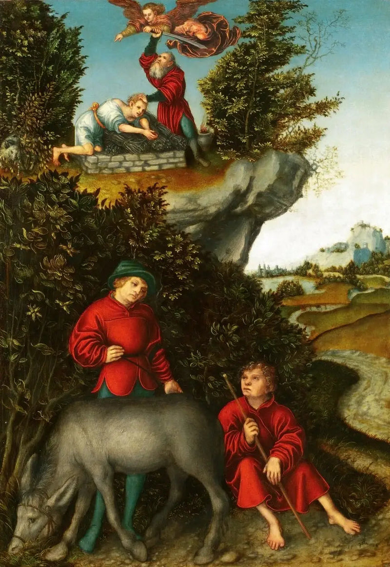 Aabrahamin uhri: Enkeli estää Aabrahamia uhraamasta Iisakia; palvelijat odottavat vuoren juurella (1. Moos. 22:10-12) - Lucas Cranach vanhempi