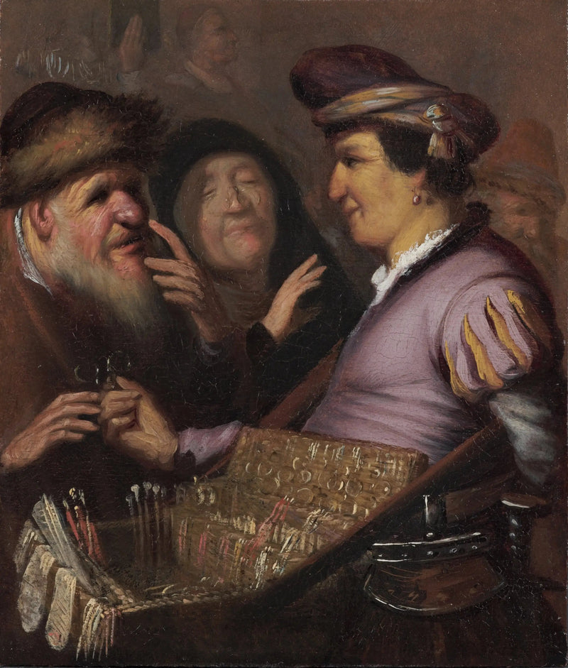 Silmälasimyyjä (Kauppias myyviä silmälaseja, Näkymä) - Rembrandt
