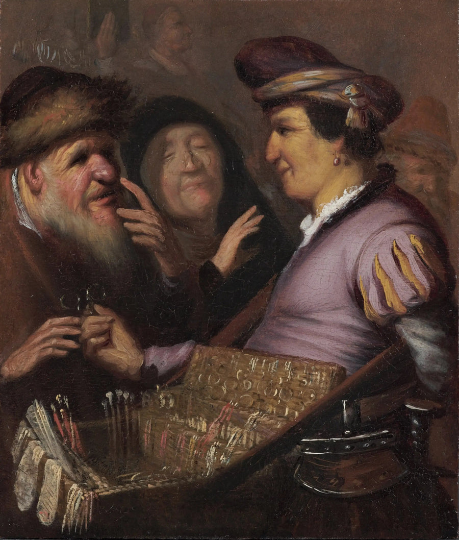 Silmälasimyyjä (Kauppias myyviä silmälaseja, Näkymä) - Rembrandt