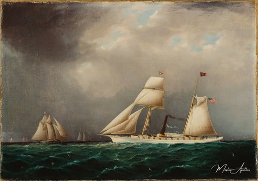 Le voilier à vapeur américain EMILY en mer avec quatre goélettes à l'avant - James E. Buttersworth - Reproductions de tableaux et peintures haut de gamme