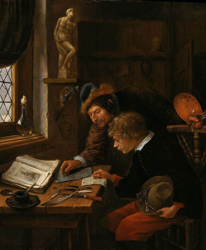 Leçon de dessin pour un garçon tenant un chapeau - Jan Steen image 1 reproduction artisanale de tableau