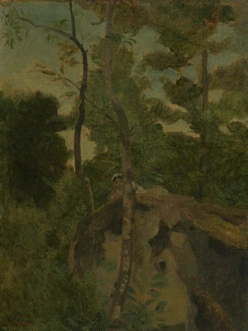 Les Alinges. Nuori tyttö makaa kalliolla puiden alla - Jean-Baptiste Camille Corot