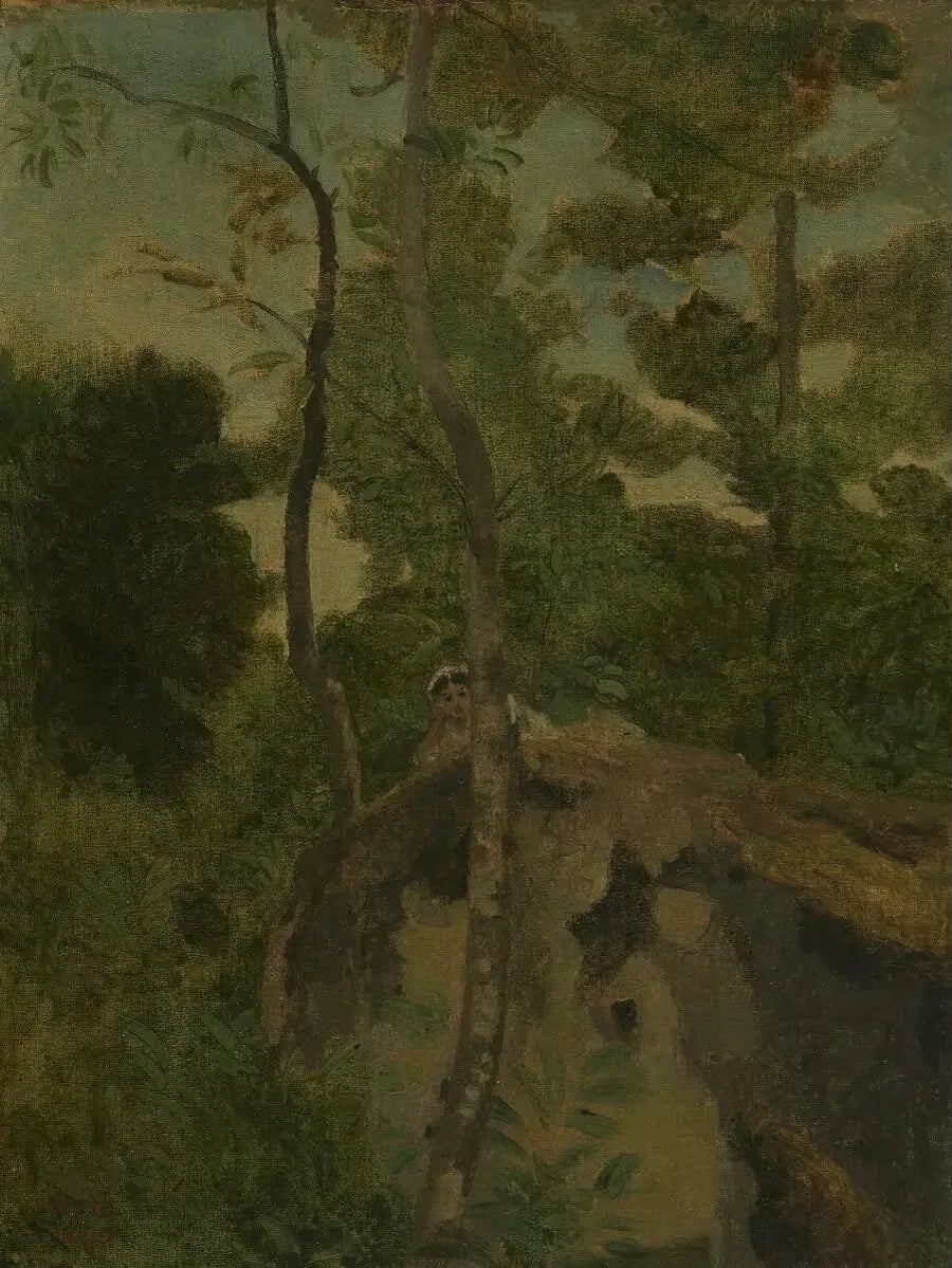 Les Alinges. Nuori tyttö makaa kalliolla puiden alla - Jean-Baptiste Camille Corot