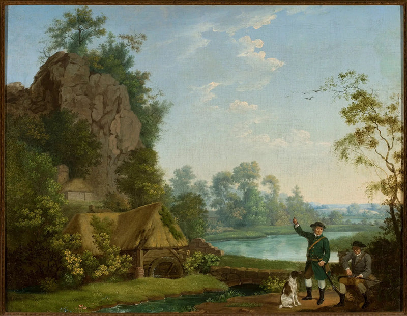 Metsästäjät lähellä myllyä, näkymä Creswell Cragsiin - George Stubbs