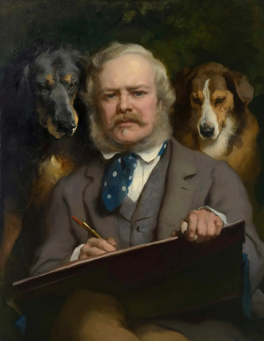Les Connaisseurs : Muotokuva taiteilijasta kahden koiran kanssa - Edwin Henry Landseer