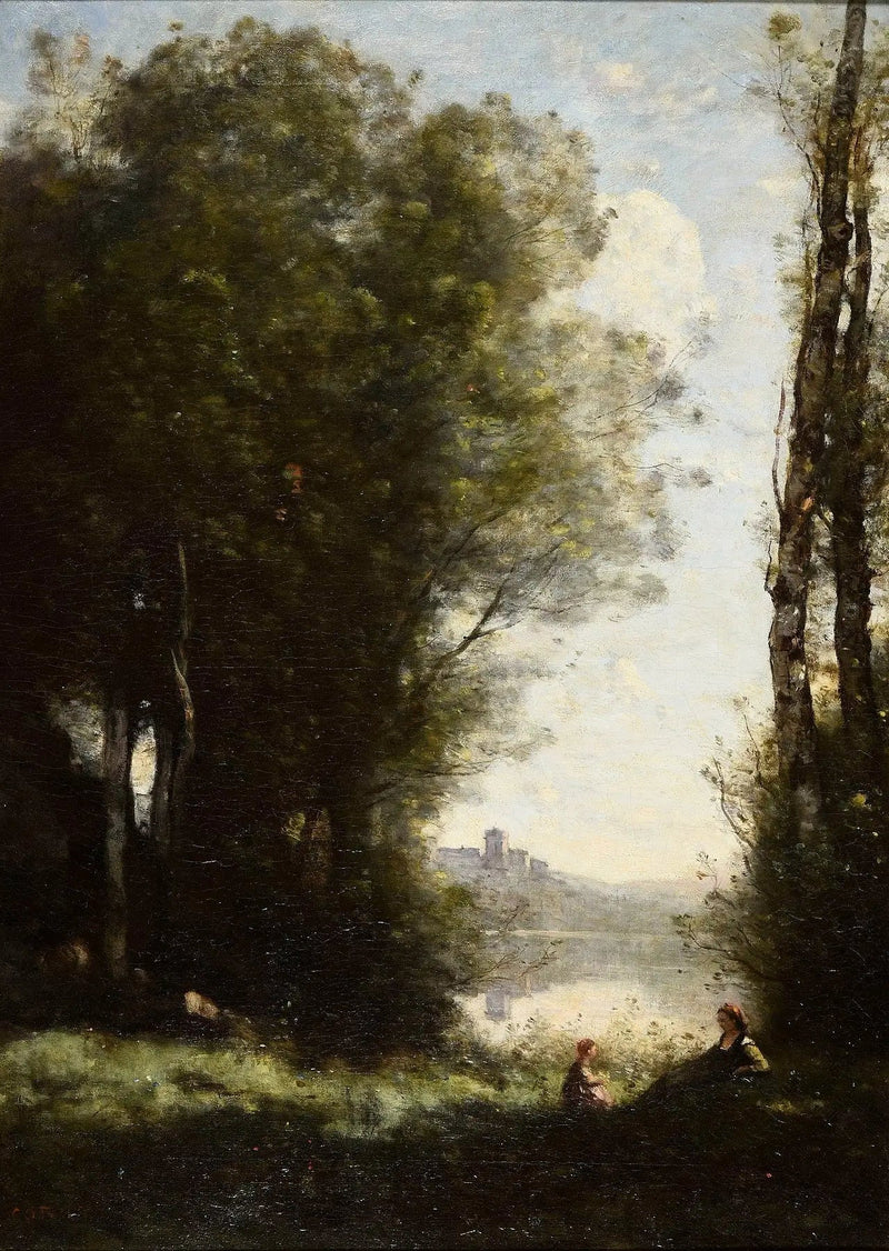 Kaksi sisarta puiden alla järven rannalla - Jean-Baptiste Camille Corot
