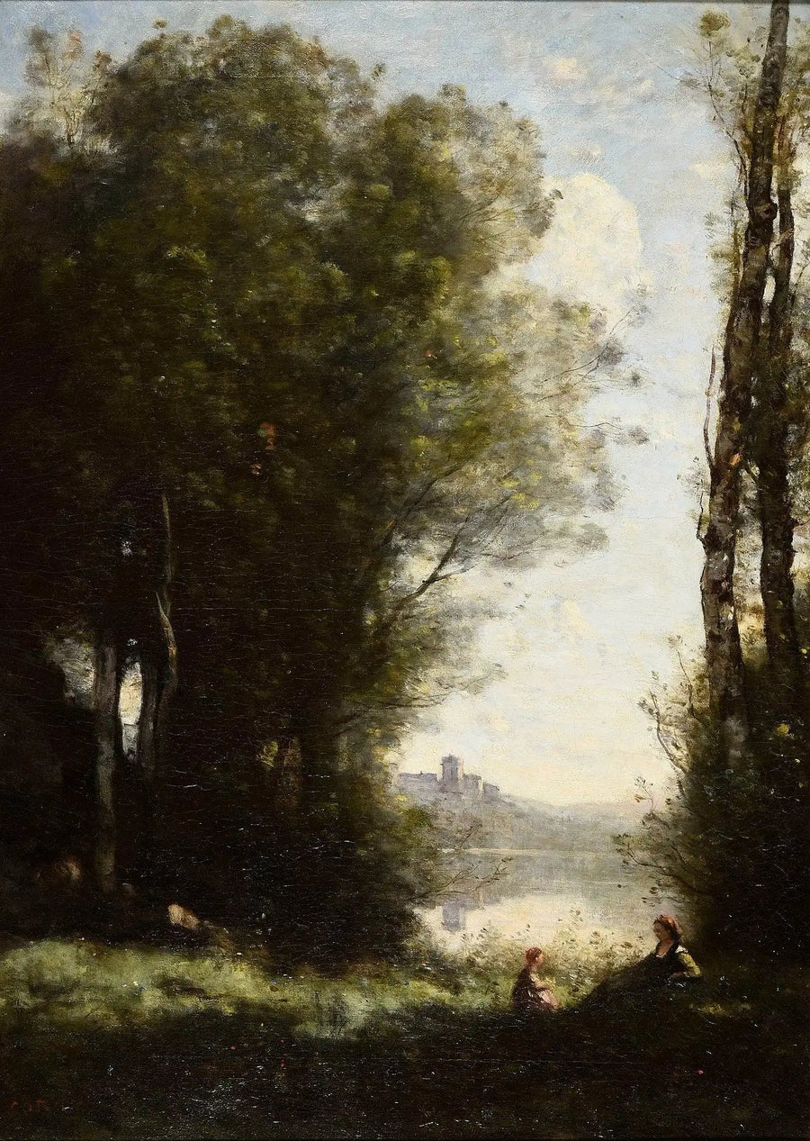 Kaksi sisarta puiden alla järven rannalla - Jean-Baptiste Camille Corot