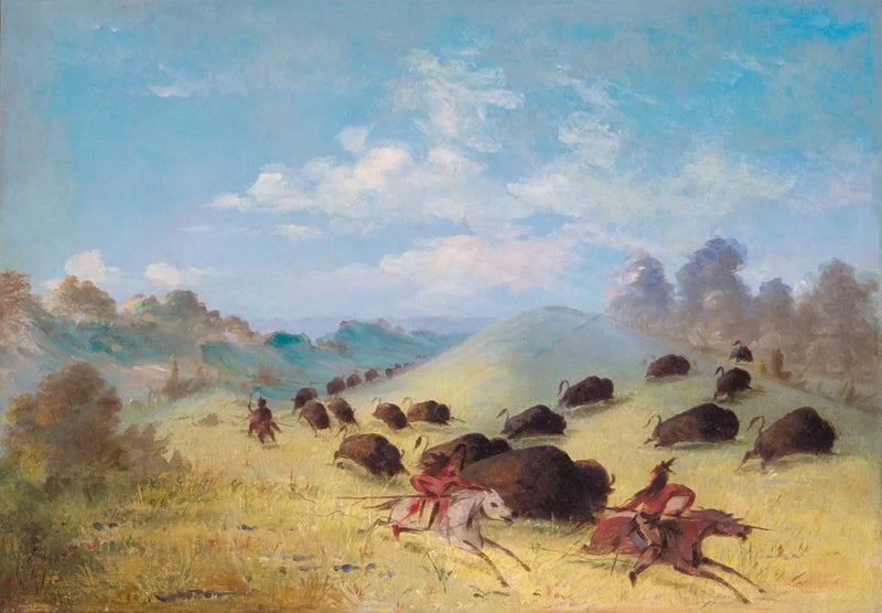 Comanche-intiaanit metsästämässä biisonia keihäillä ja jousilla - George Catlin