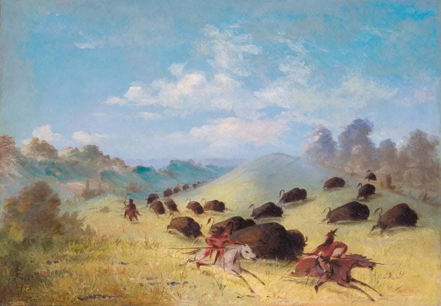 Comanche-intiaanit metsästämässä biisonia keihäillä ja jousilla - George Catlin