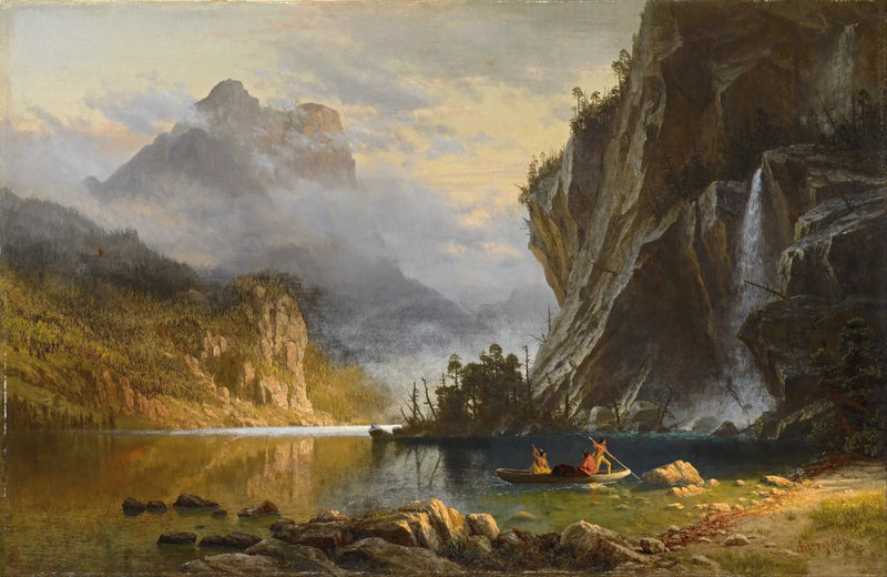 Intiaanit harjoittavat harpponikalastusta - Albert Bierstadt