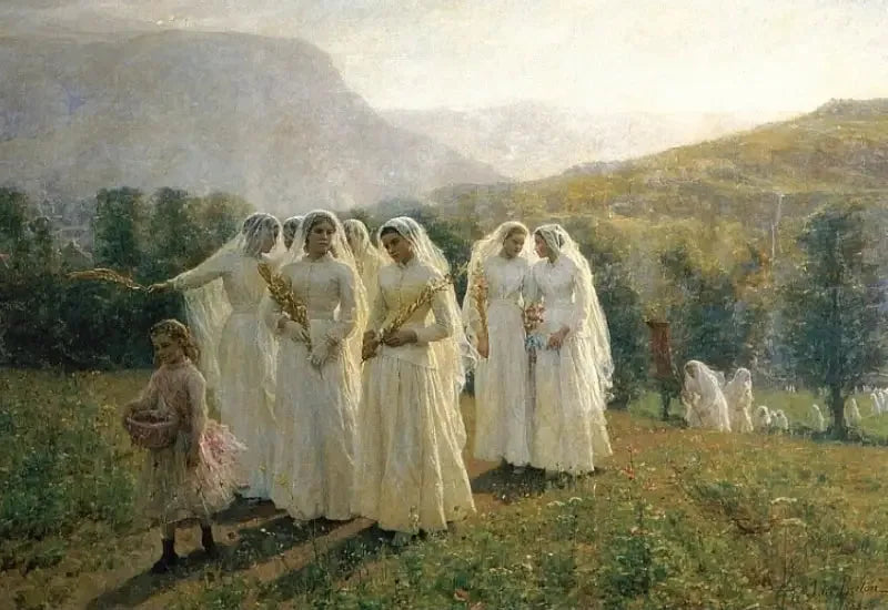 Nuoret tytöt osallistuvat kulkueeseen - Jules Breton