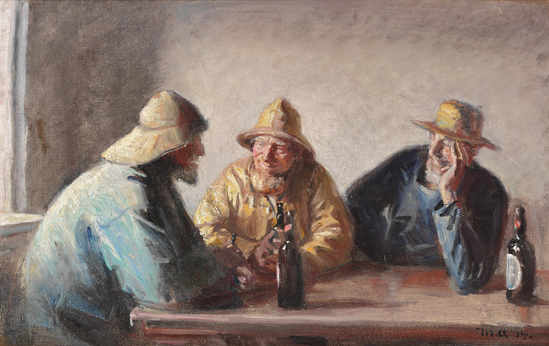 Kalastajat Andreas Carlsen, Ole Malmer ja Thomas Peter Larsen nauttivat olutta töiden jälkeen. - Michael Peter Ancher