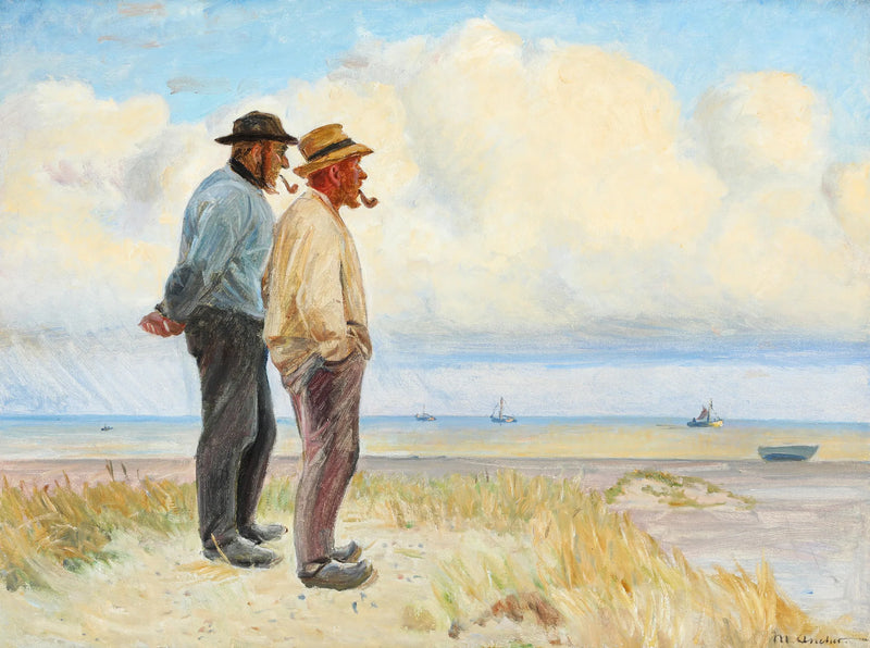 Skagenin kalastajat Rasmus Bergen S�rensen ja B��j Andersen seisomassa rannalla. -Michael Peter Ancher