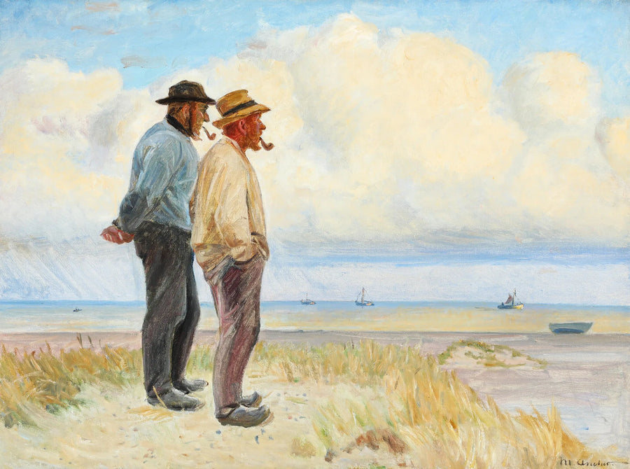 Skagenin kalastajat Rasmus Bergen S�rensen ja B��j Andersen seisomassa rannalla. -Michael Peter Ancher