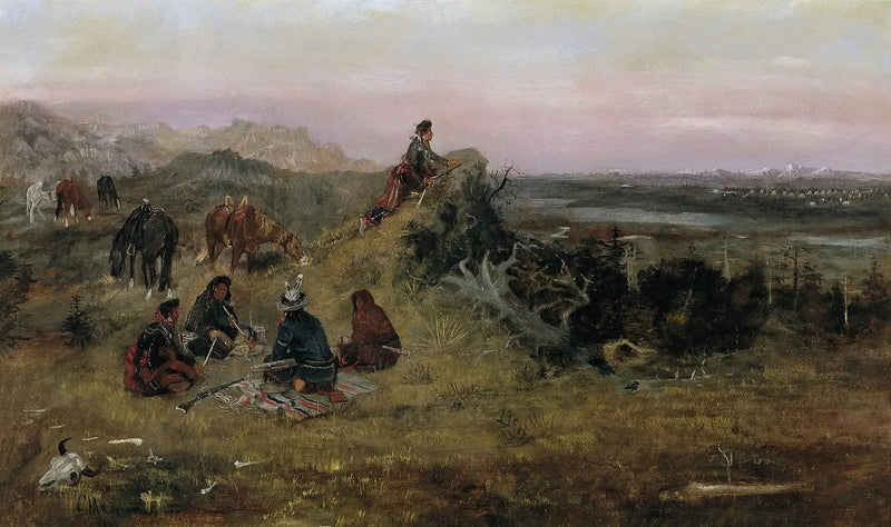 Les Piégans valmistautuvat varastamaan varisten hevoset - Charles Marion Russell