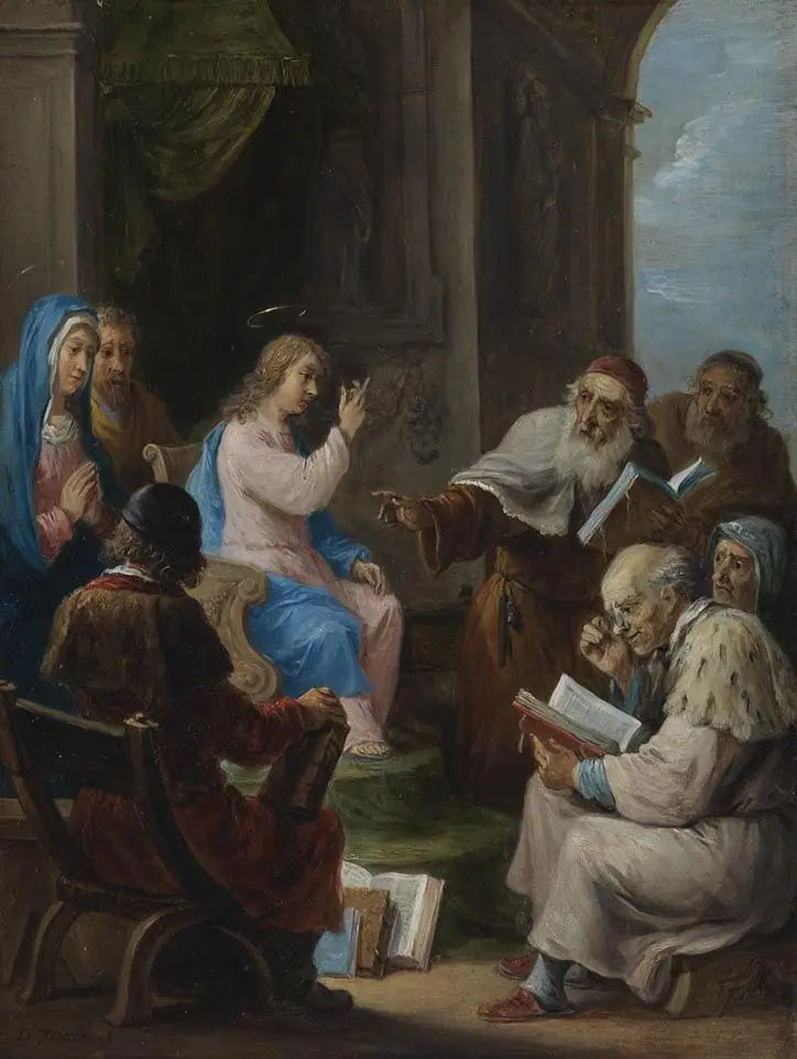 Viisitoista salaisuutta roosiarjessa: Kaksitoistavuotias Kristus temppelissä oppineiden keskellä - David Teniers nuorempi