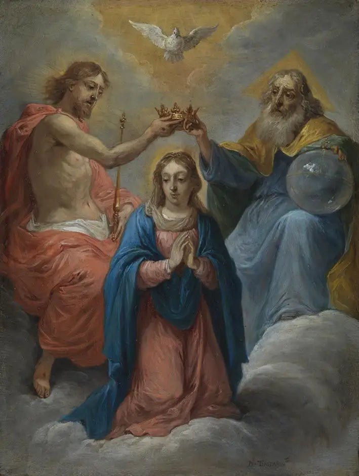 Viisitoista rukoussalaisuuden salaisuutta: Neitsyt Marian kruunaaminen taivaan kuningattareksi - David Teniers nuorempi