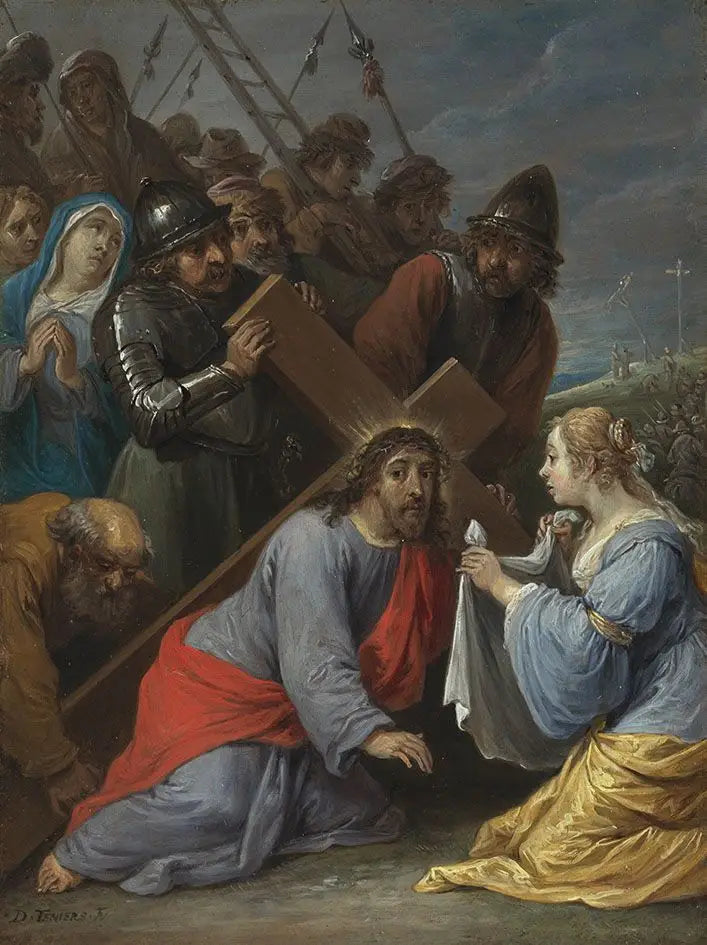 Viisitoista rukouskerran salaisuutta: ristin kantaminen Kristuksen kanssa ja Veronikan kohtaaminen - David Teniers nuorempi